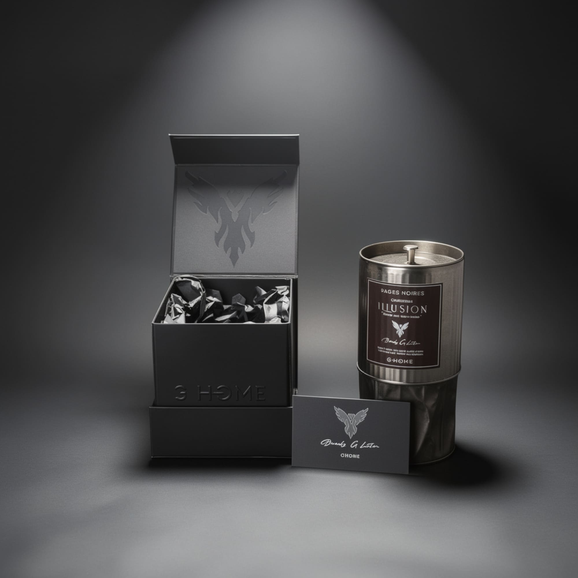 Bougie artisanale masculine avec packaging – Pages Noires – Chapitre Illusion – G-HOME