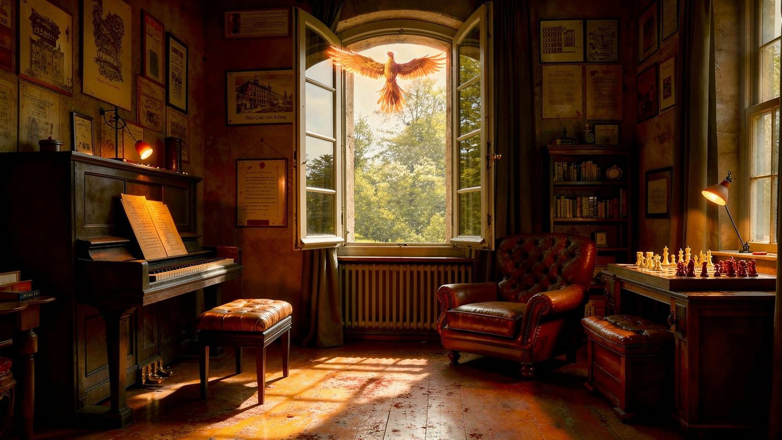 Pièce ancienne baignée de lumière ambrée avec fauteuil en cuir, piano, échiquier et phénix lumineux devant une fenêtre ouverte