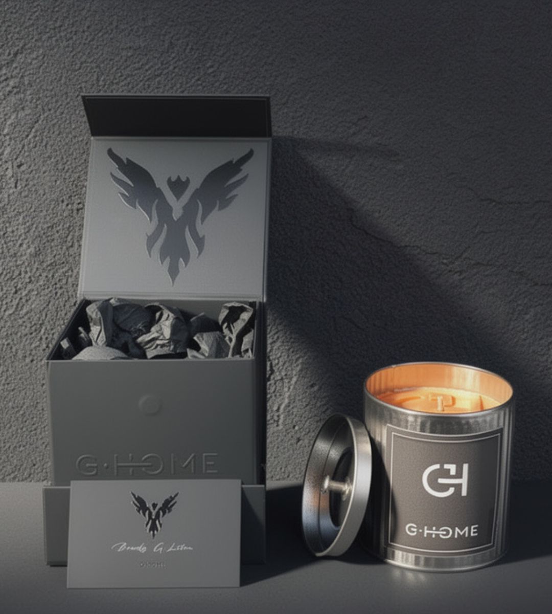 Bougie artisanale G-HOME en coffret noir, idée cadeau Fête des Pères élégante