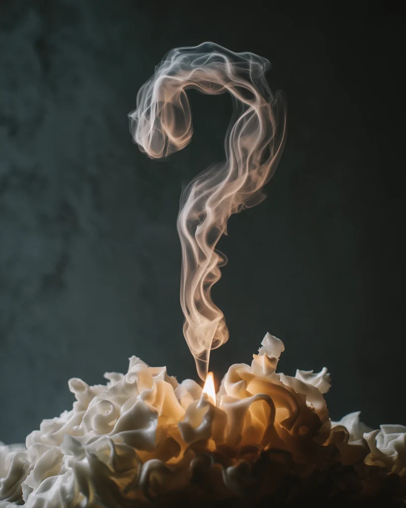 Bougie artisanale avec flamme et fumée en forme de point d’interrogation illustrant le choix de la cire