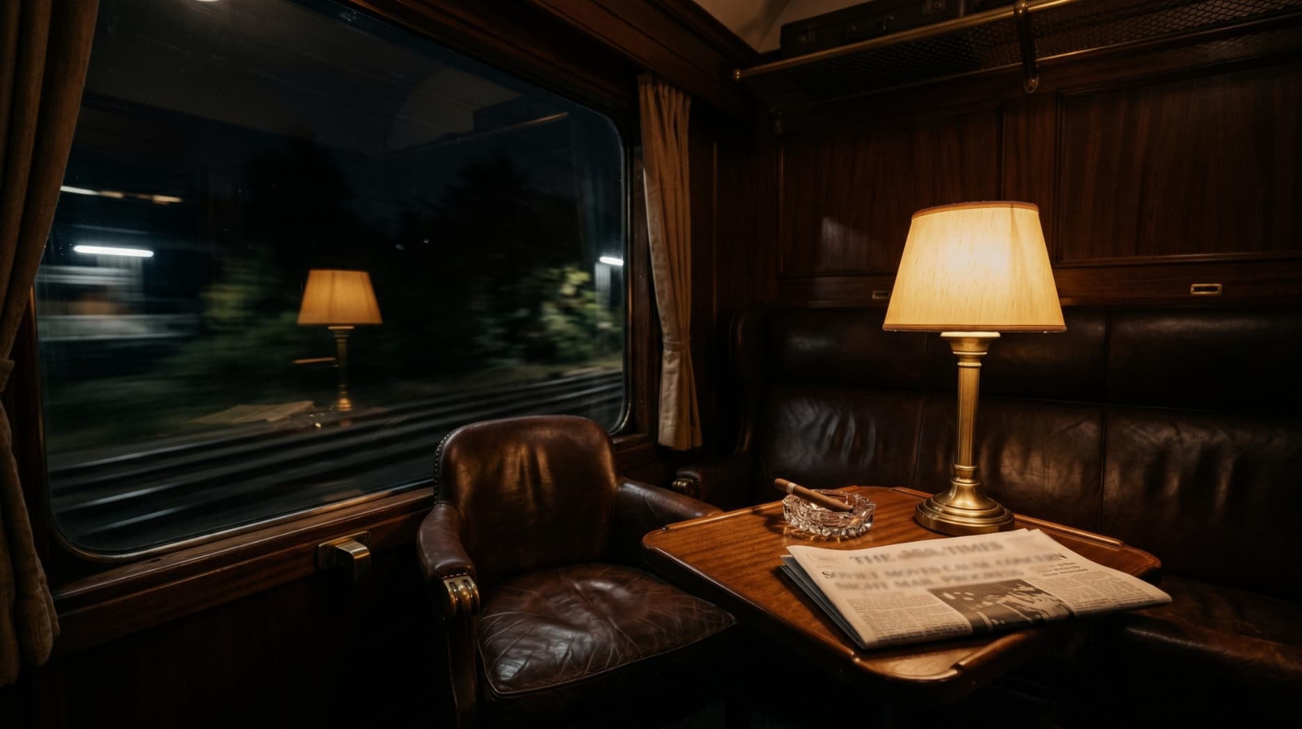 Ambiance intérieure de train de nuit élégante avec lumière chaude et reflet dans la vitre, atmosphère mystérieuse du chapitre Doute de G-HOME