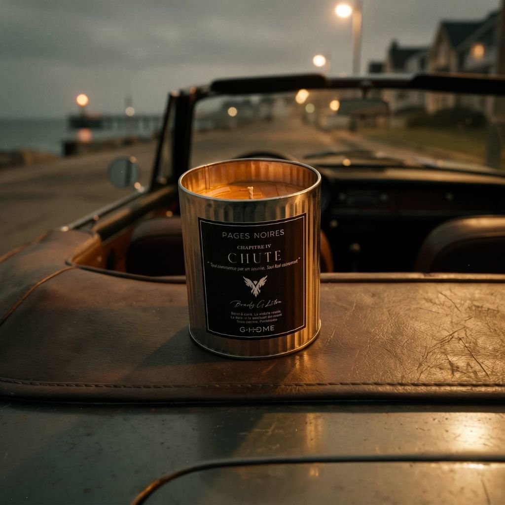 Bougie artisanale pour homme Chute G-HOME posée dans une voiture avec une ambiance nocturne et mélancolique en bord de mer