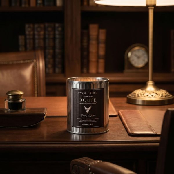 Bougie artisanale pour homme Doute G-HOME posée sur un bureau en bois avec une ambiance élégante et feutrée