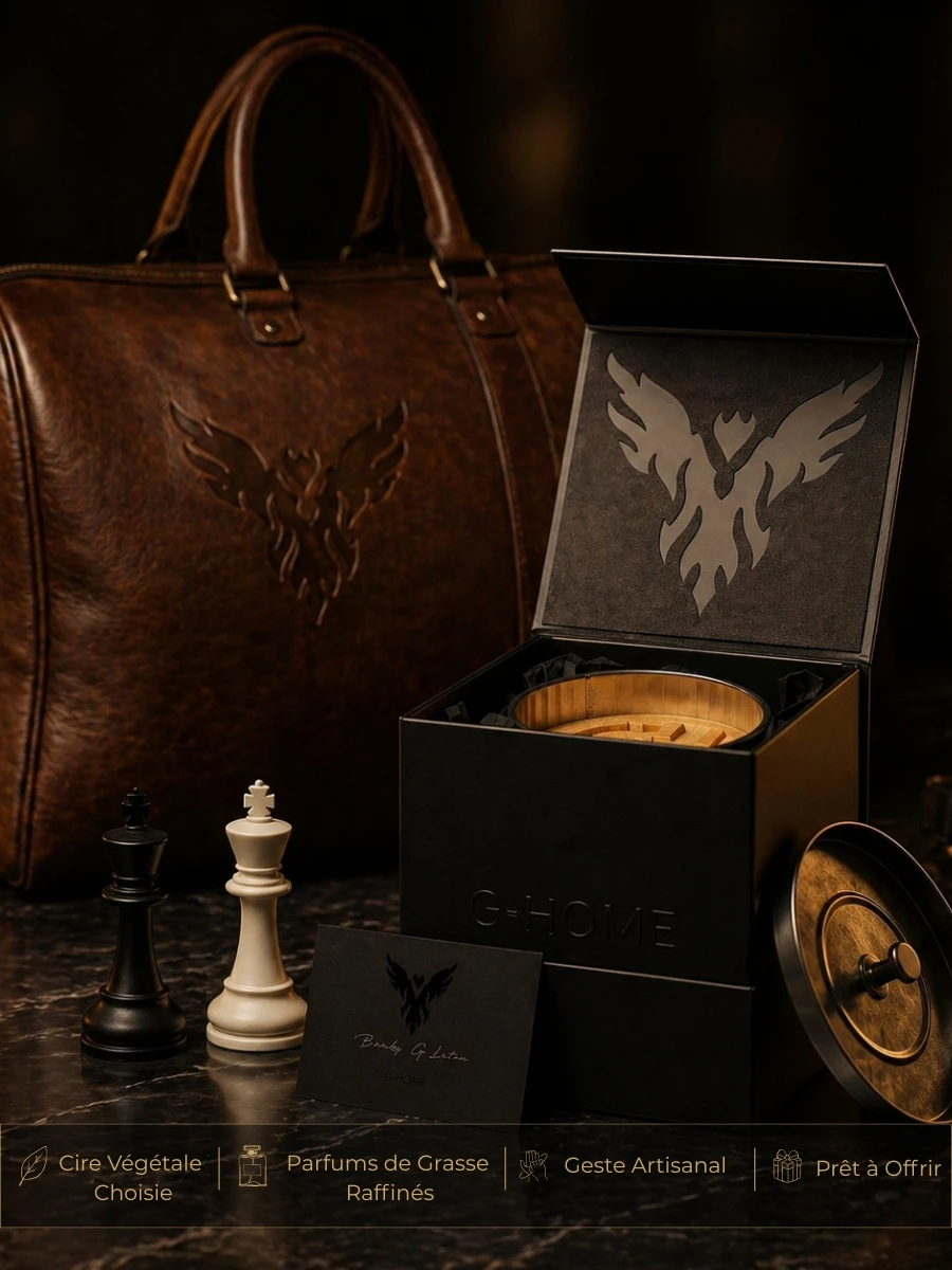 Coffret cadeau pour homme avec bougie artisanale premium G-HOME, présentation élégante sur fond sombre