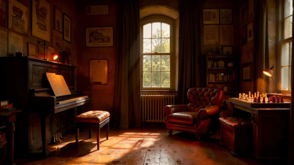 Intérieur chaleureux et raffiné de la maison G-HOME avec fauteuil en cuir et lumière naturelle