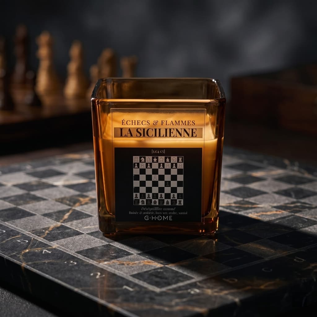 La Sicilienne explore un jeu plus tendu et asymétrique. Une création boisée et ambrée de la collection Échecs & Flammes signée G-HOME.