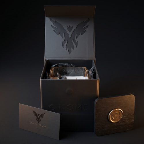 Bougie artisanale L’Italienne en coffret Premium noir avec sceau et couvercle bois — collection Échecs & Flammes G-HOME