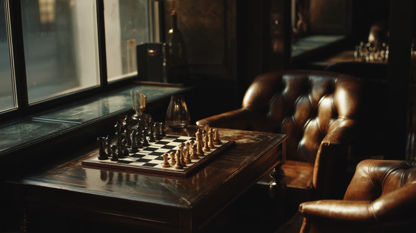 Ambiance chaleureuse inspirée de L’Italienne avec échiquier, lumière ambrée et intérieur vintage dans l’univers Échecs & Flammes de G-HOME.
