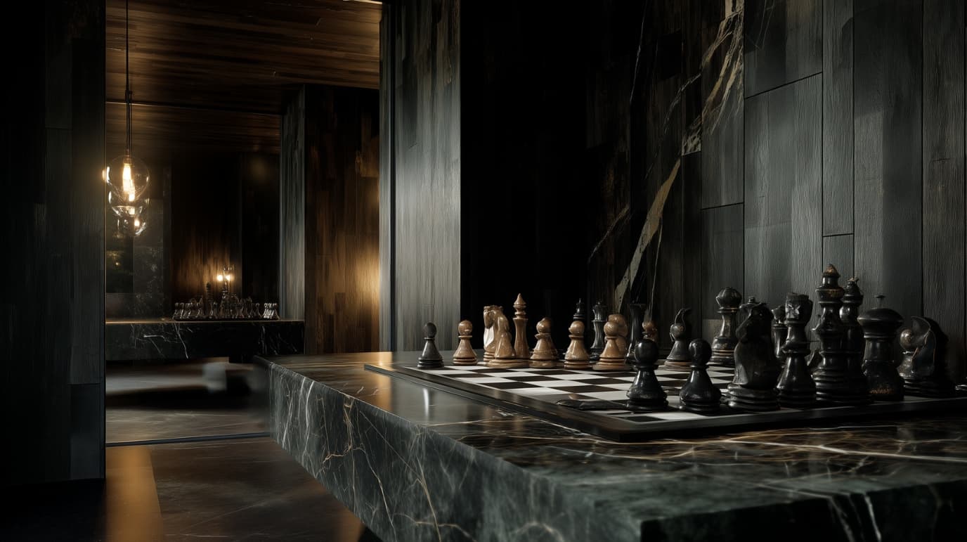 Atmosphère sombre et stratégique inspirée de La Sicilienne avec échiquier en marbre noir et lumière ambrée dans l’univers Échecs & Flammes de G-HOME.