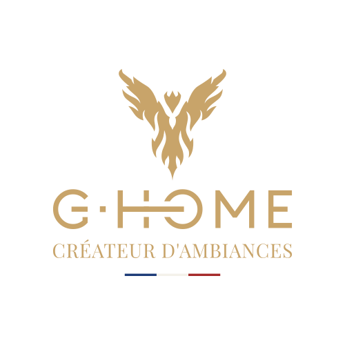 Signature officielle G-HOME avec phénix doré, mention « Créateur d’ambiances » et drapeau français discret sur fond transparent.