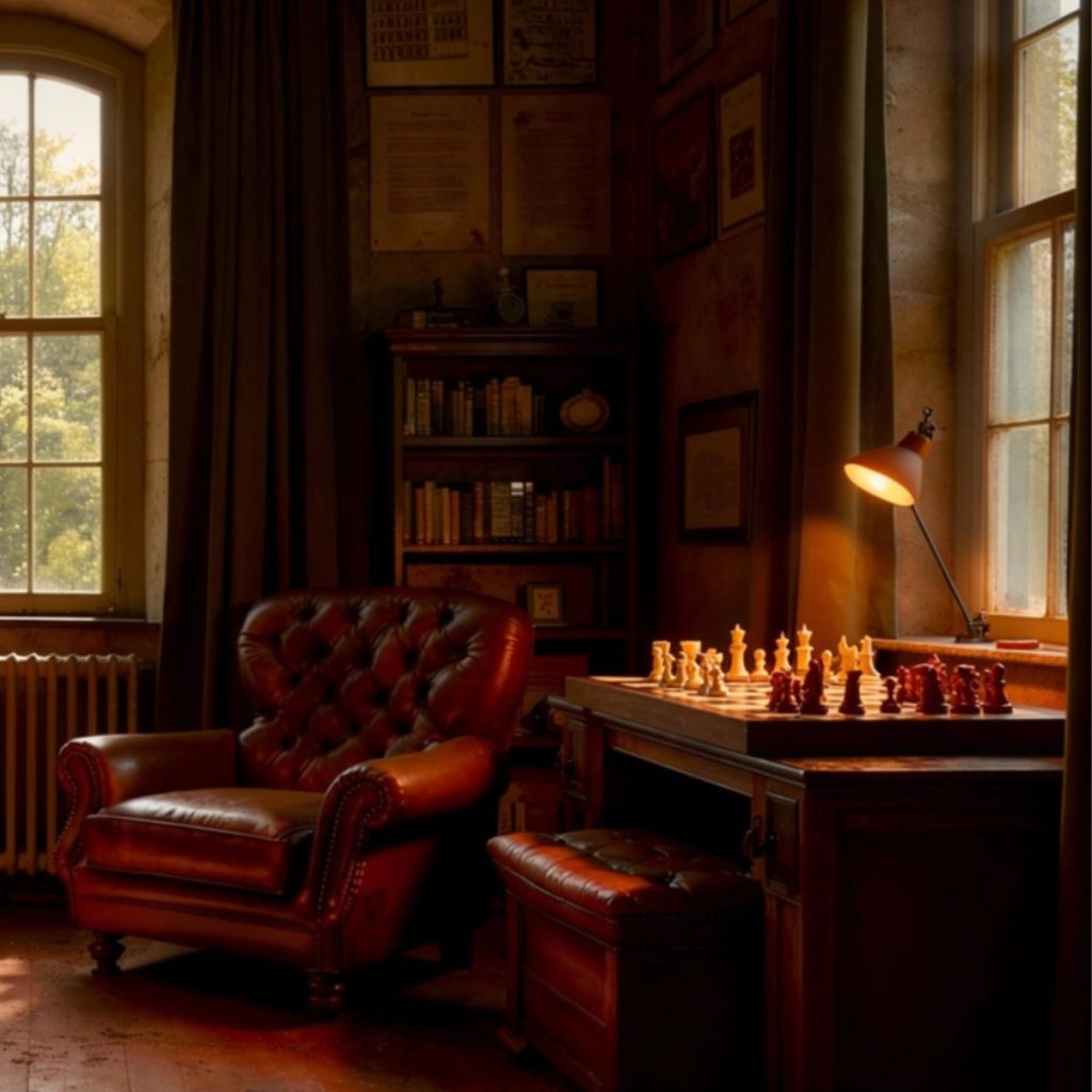 Ambiance chaleureuse et masculine de la collection Échecs & Flammes avec échiquier, fauteuil en cuir et lumière ambrée signée G-HOME.
