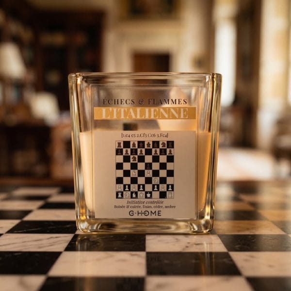L’Italienne dans une ambiance élégante inspirée des ouvertures d’échecs avec échiquier en marbre noir et blanc dans l’univers G-HOME.