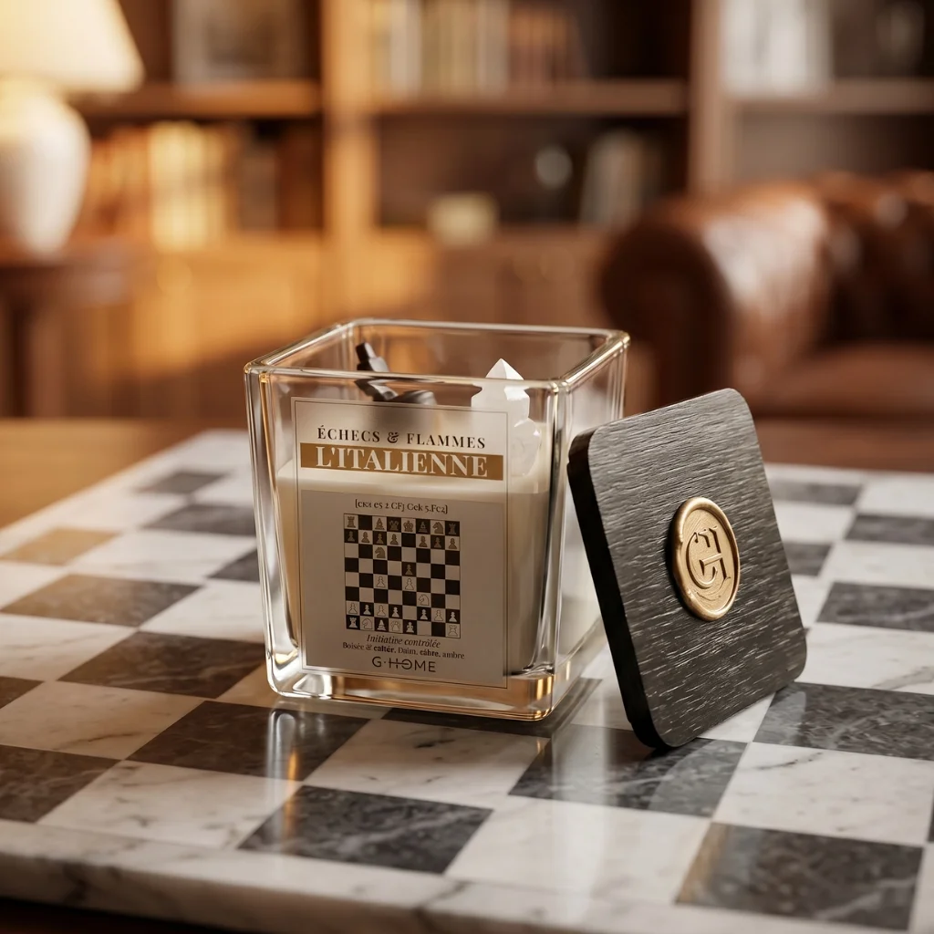L’Italienne en version Essentielle avec contenant en verre et couvercle noir sur un échiquier en marbre dans l’univers G-HOME.