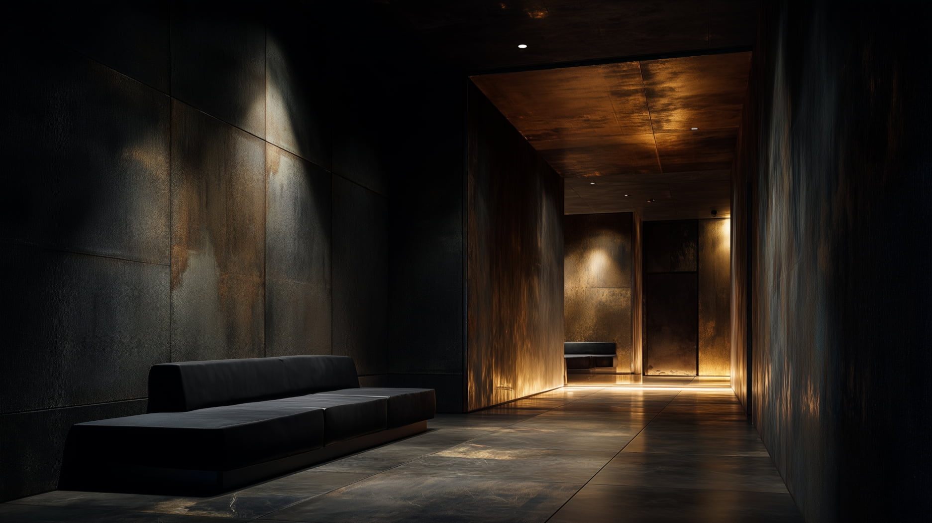 Pièce sombre et minimaliste inspirée de Pierre Soulages, ambiance silencieuse et cinématographique du chapitre Silence de Pages Noires.