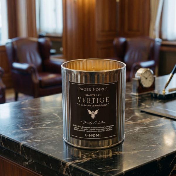 Bougie artisanale pour homme Vertige de G-HOME, posée sur un comptoir en marbre d'un hôtel de luxe, ambiance élégante et voyageuse.