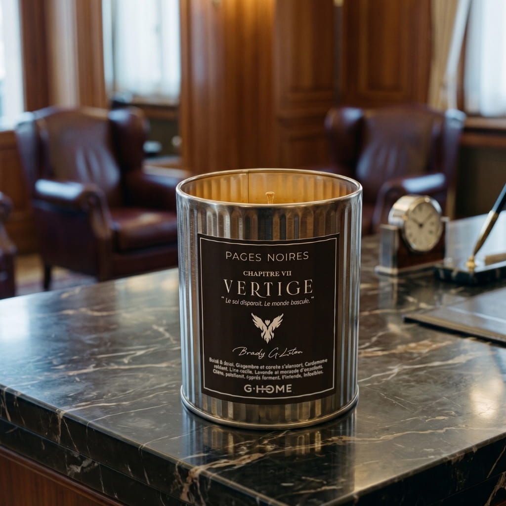 Bougie artisanale pour homme Vertige de G-HOME, posée sur un comptoir en marbre d'un hôtel de luxe, ambiance élégante et voyageuse.