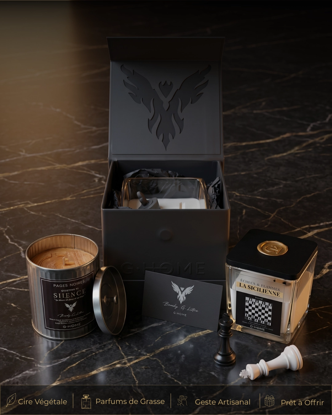 Coffret cadeau et bougies artisanales pour homme G-HOME, fabrication française