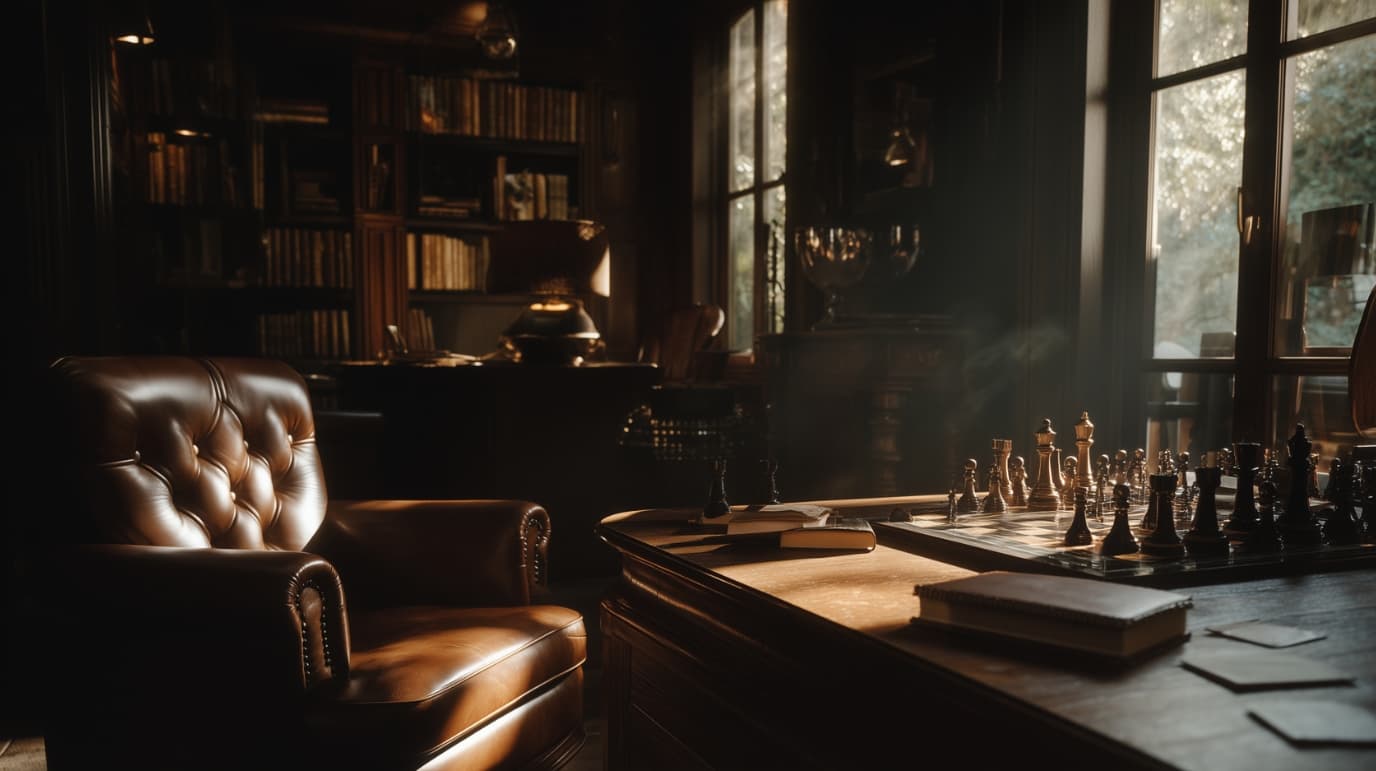Ambiance chaleureuse inspirée de la Catalane avec échiquier, lumière ambrée et intérieur vintage dans l’univers Échecs & Flammes de G-HOME.