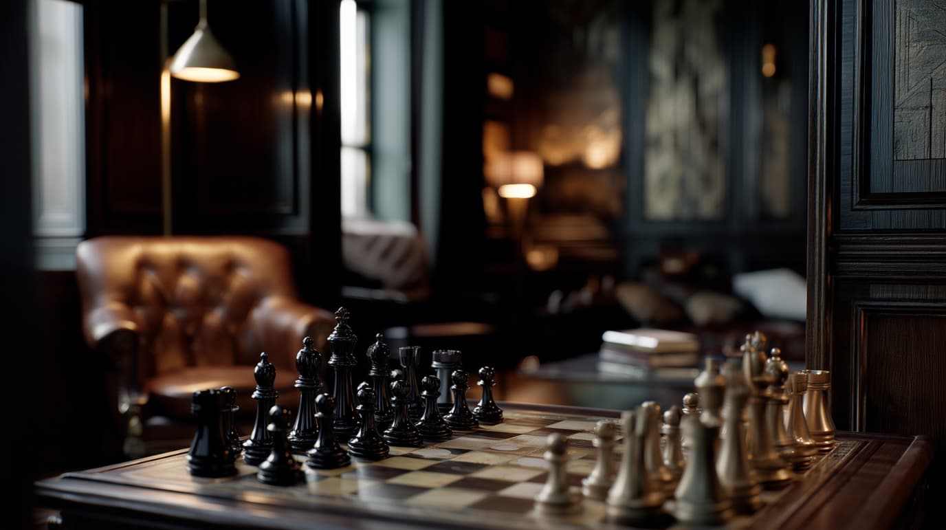 Bougie artisanale La Française de G-HOME sur un échiquier, dans une ambiance sombre et élégante inspirée des salons d’échecs