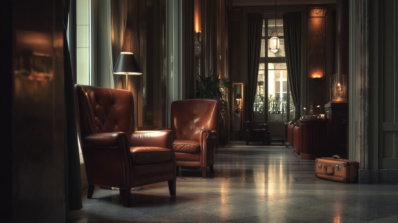 Hall d'hôtel de luxe aux fauteuils en cuir et lumière feutrée, évoquant l'errance et les lieux de passage du chapitre Vertige de Pages Noires.