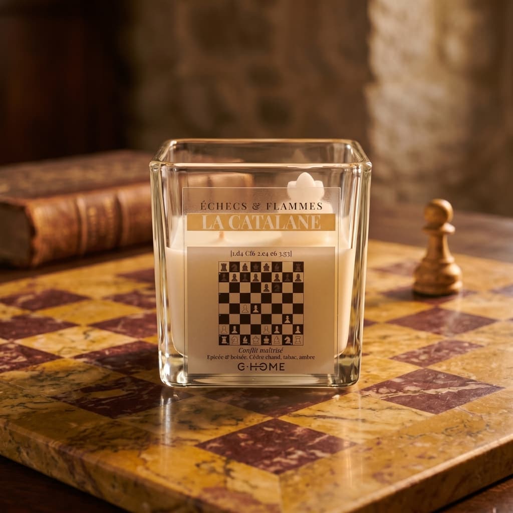 La Catalane dans une ambiance élégante inspirée des ouvertures d’échecs avec échiquier en marbre dans l’univers G-HOME.