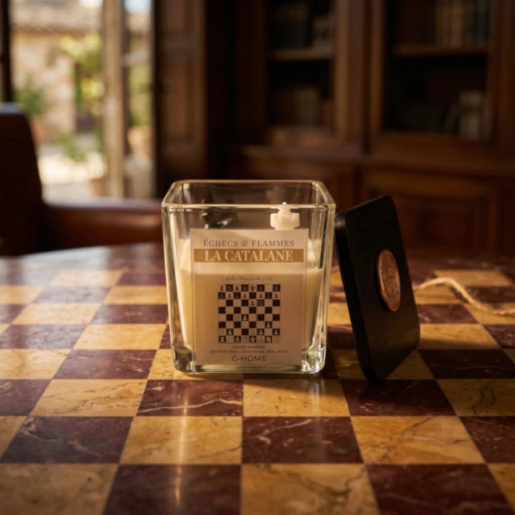 La Catalane en version Essentielle avec contenant en verre et couvercle noir sur un échiquier en marbre dans l’univers G-HOME.