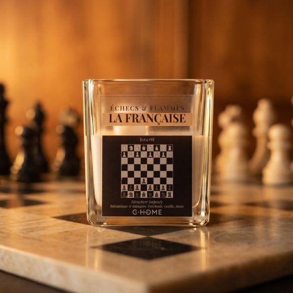 La Française dans une ambiance élégante inspirée des ouvertures d’échecs avec échiquier en marbre dans l’univers G-HOME.