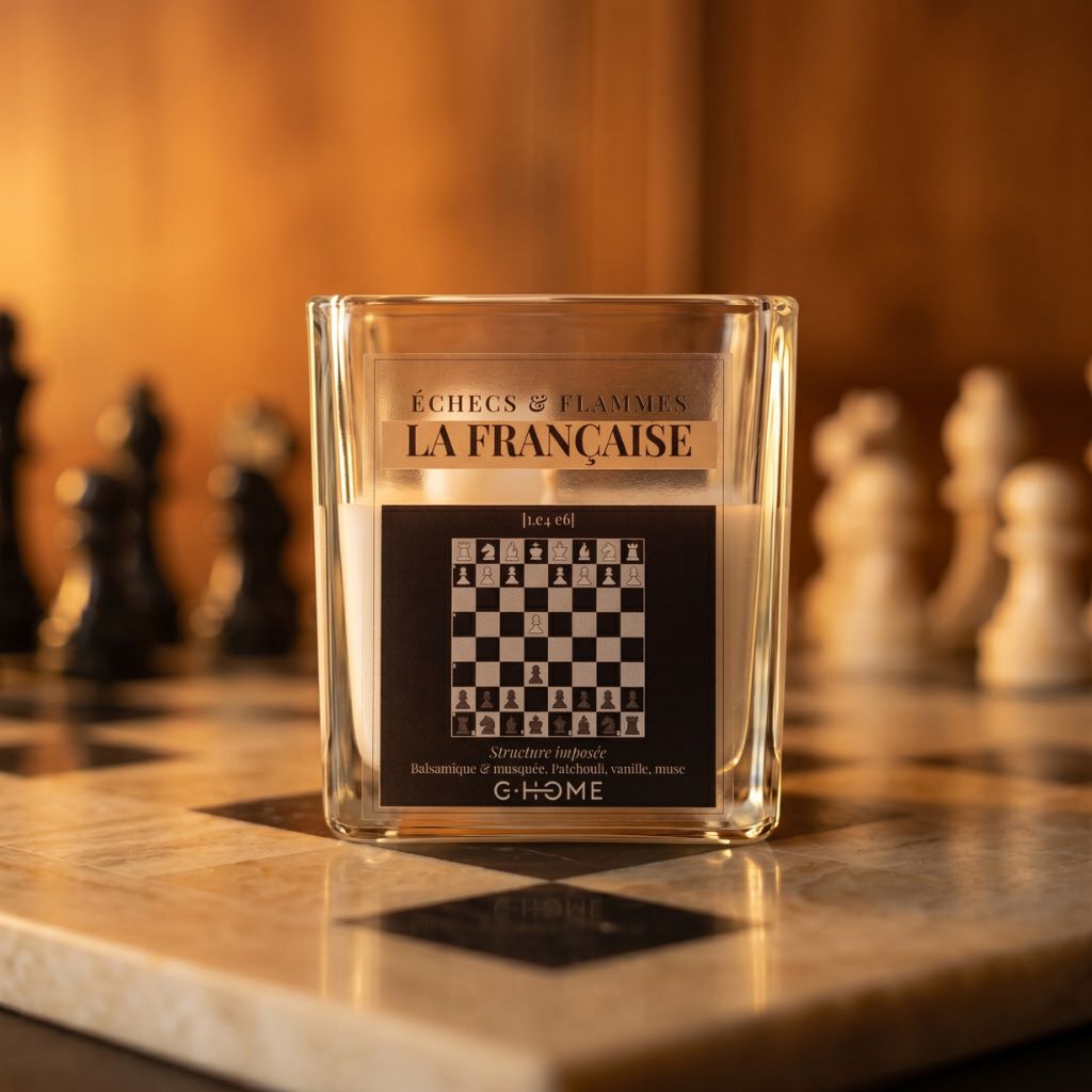La Française dans une ambiance élégante inspirée des ouvertures d’échecs avec échiquier en marbre dans l’univers G-HOME.