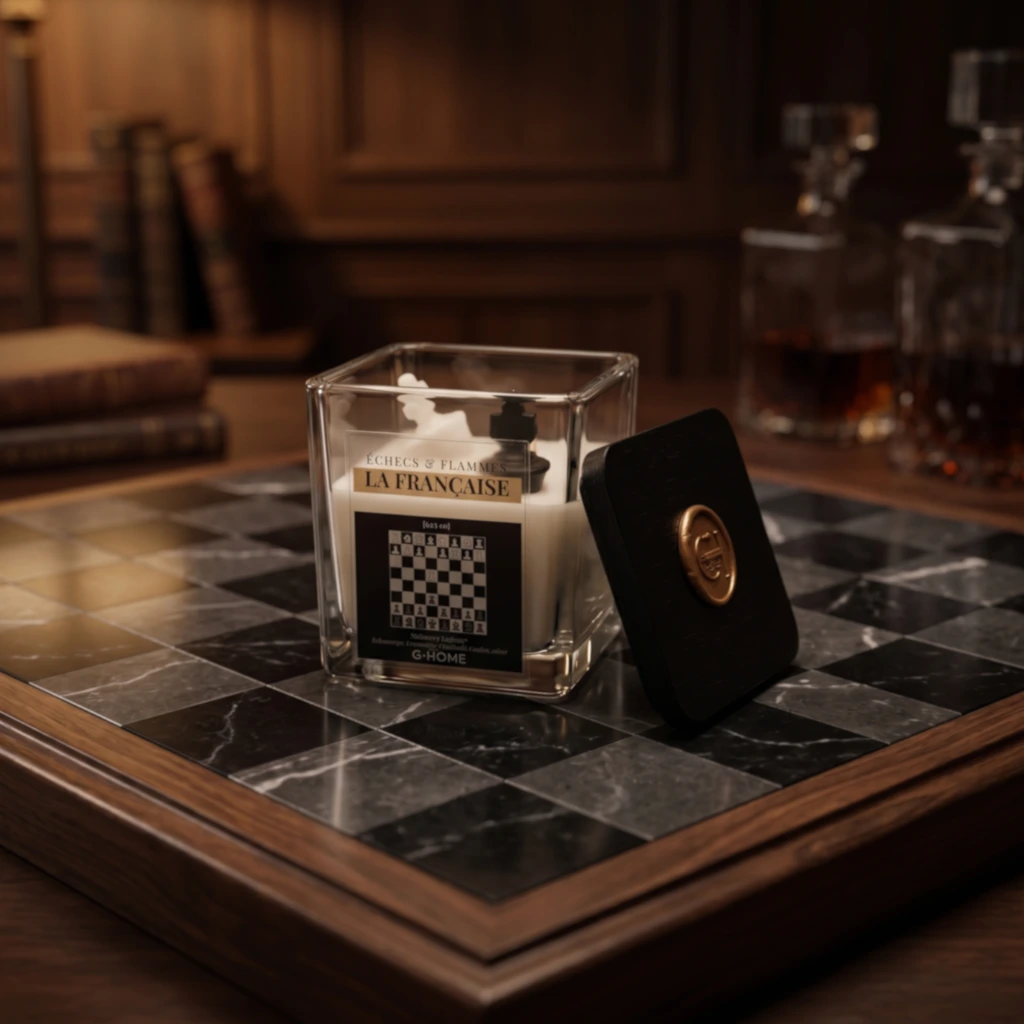 La Française en version Essentielle avec contenant en verre, pièces intégrées et couvercle noir dans l’univers Échecs & Flammes de G-HOME.