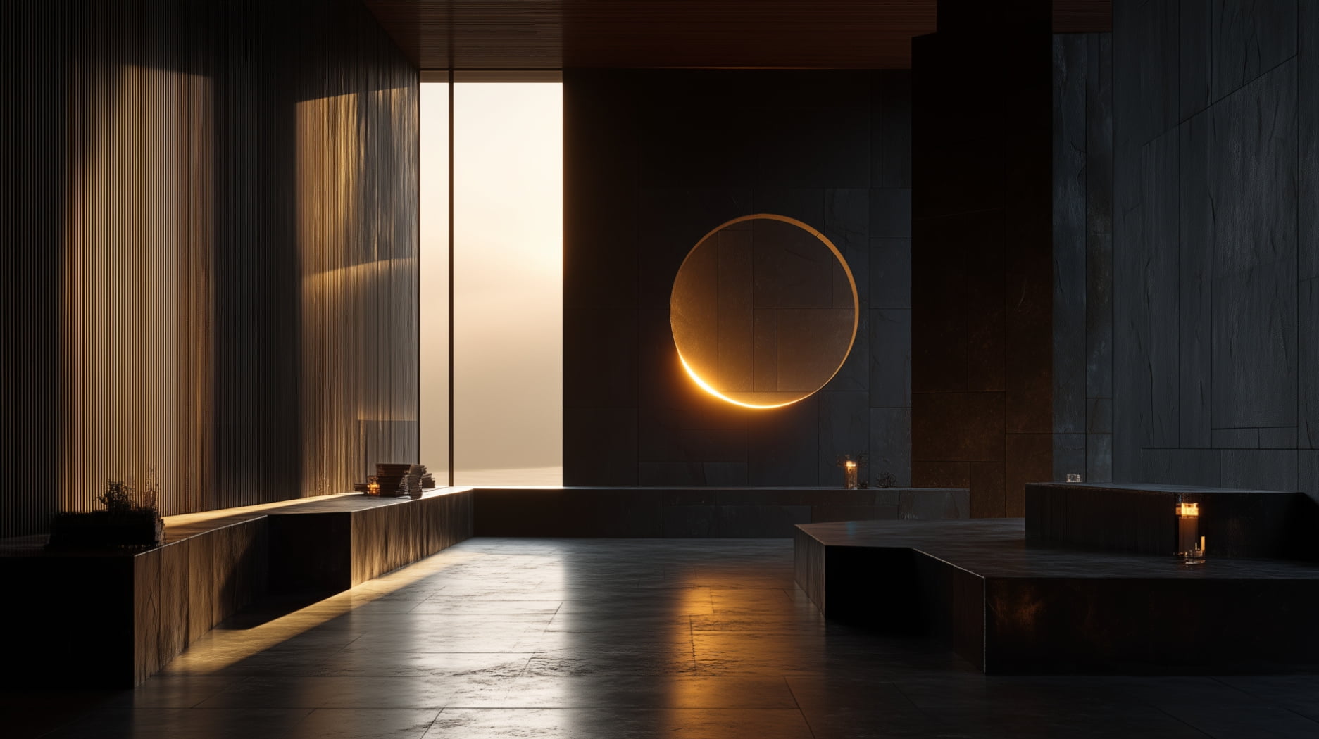 Pièce minimaliste plongée dans la pénombre, où une éclipse lumineuse éclaire les murs de pierre sombre, évoquant la présence silencieuse et le mystère du chapitre Éclipse de Pages Noires.
