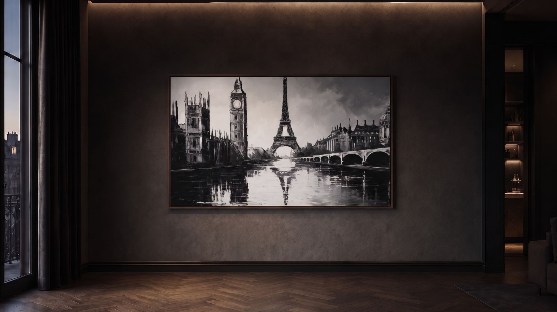 Pièce sombre et minimaliste avec un grand tableau mêlant Paris et Londres, évoquant les origines floues et la mémoire qui s'efface du chapitre Oubli de Pages Noires.