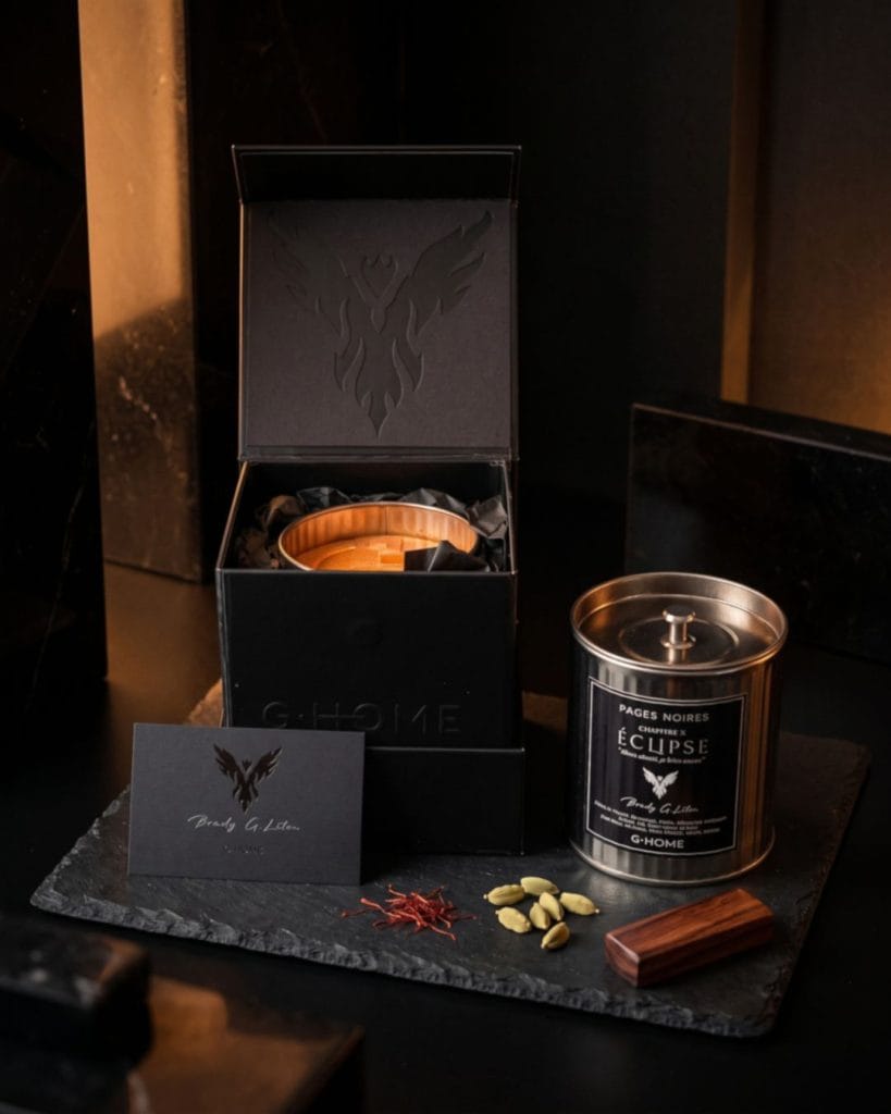 Bougie artisanale G-HOME Éclipse présentée en version Essentielle et en version Premium dans son coffret cadeau.