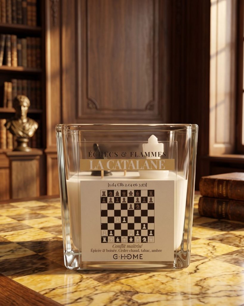Étiquette de la bougie artisanale La Catalane de la collection Échecs & Flammes par G-HOME, montrant les finitions et le soin apporté à la fabrication.