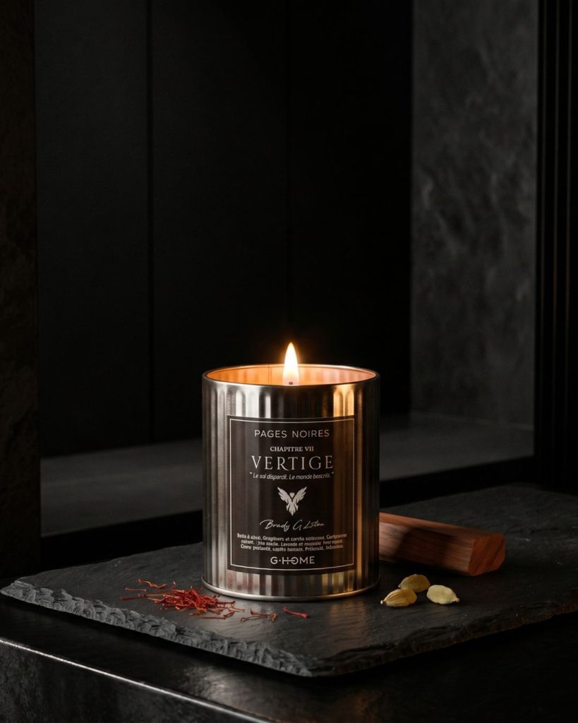 Bougie artisanale pour homme G-HOME allumée dans un contenant noir nervuré, illustrant le savoir-faire artisanal.