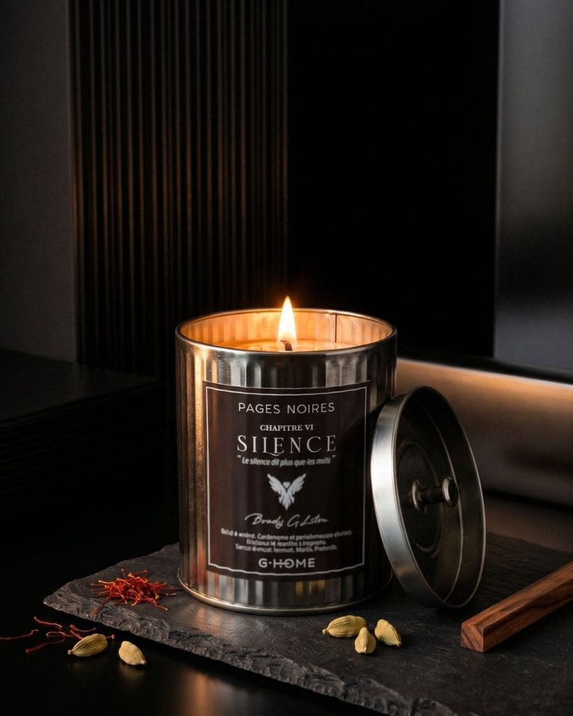 Bougie artisanale Silence de la collection Pages Noires de G-HOME, allumée dans une ambiance chaleureuse, idéale comme cadeau de Noël pour homme.