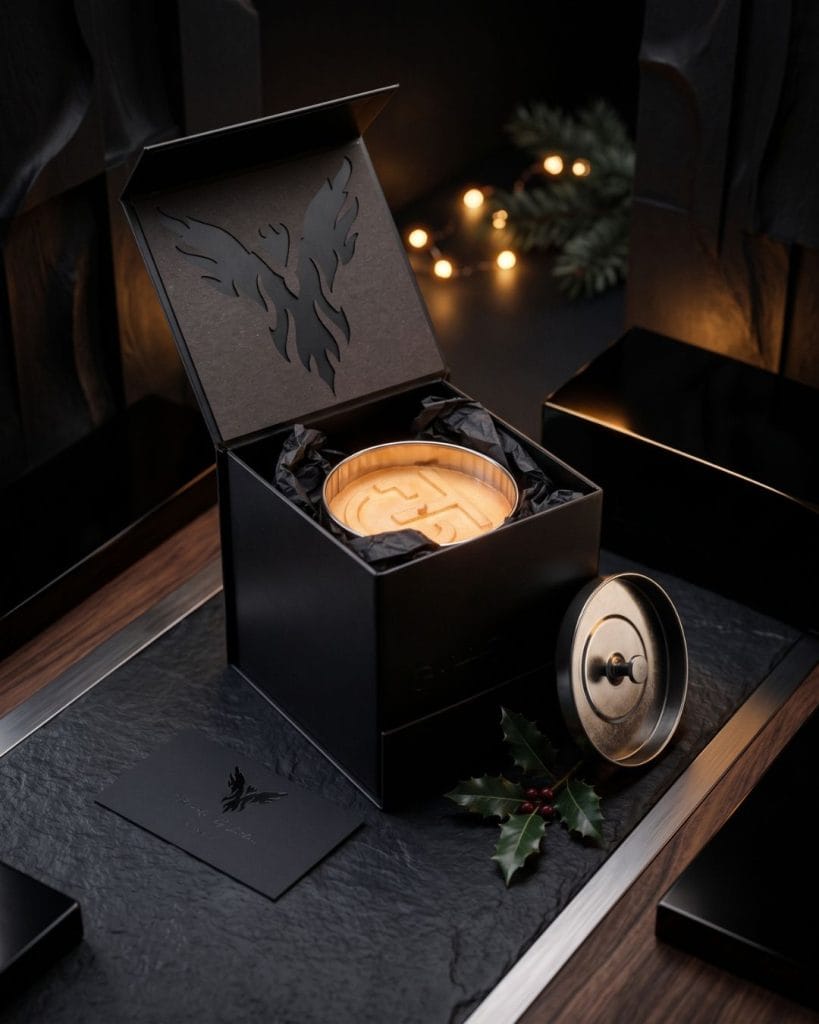 Coffret Premium G-HOME avec bougie artisanale présenté dans une ambiance de Noël élégante et masculine.