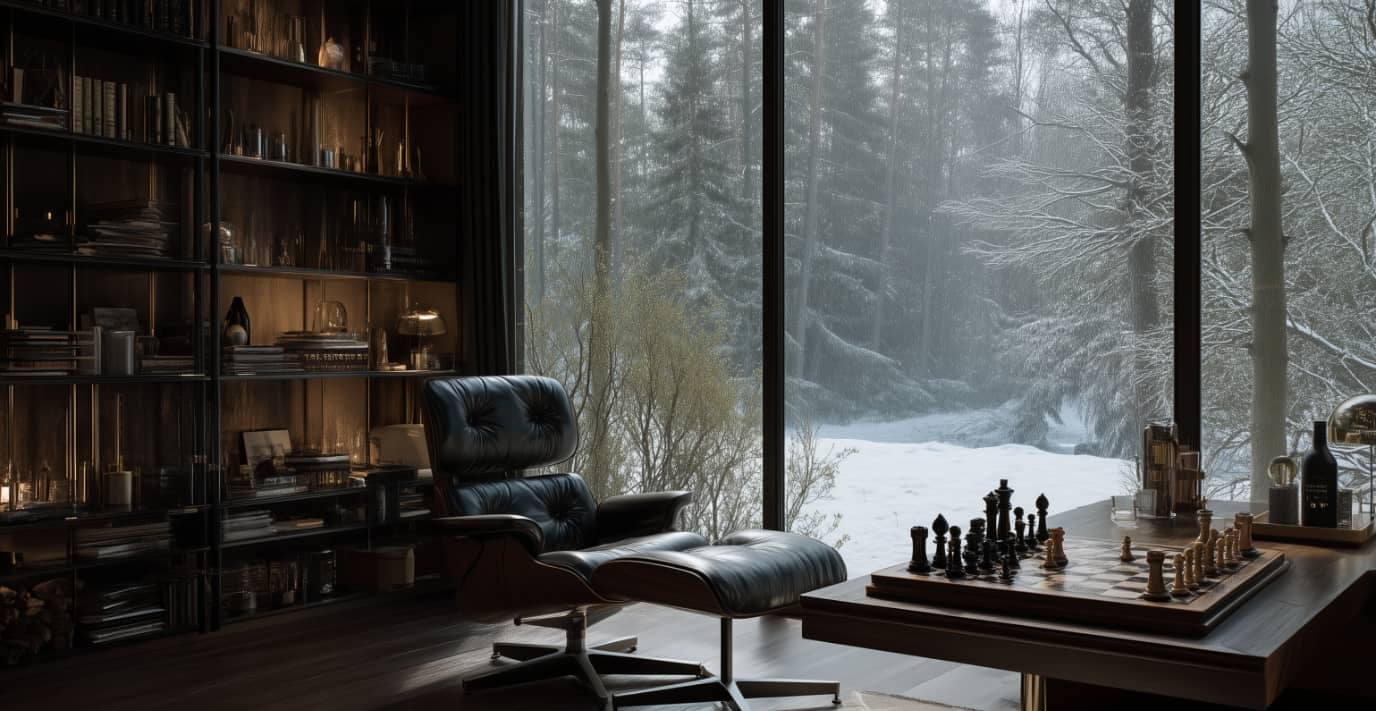 Cabinet privé d'inspiration scandinave avec échiquier devant une grande baie vitrée ouverte sur une forêt enneigée, évoquant l'initiative précoce de la Défense Scandinave de la collection Échecs & Flammes de G-HOME.