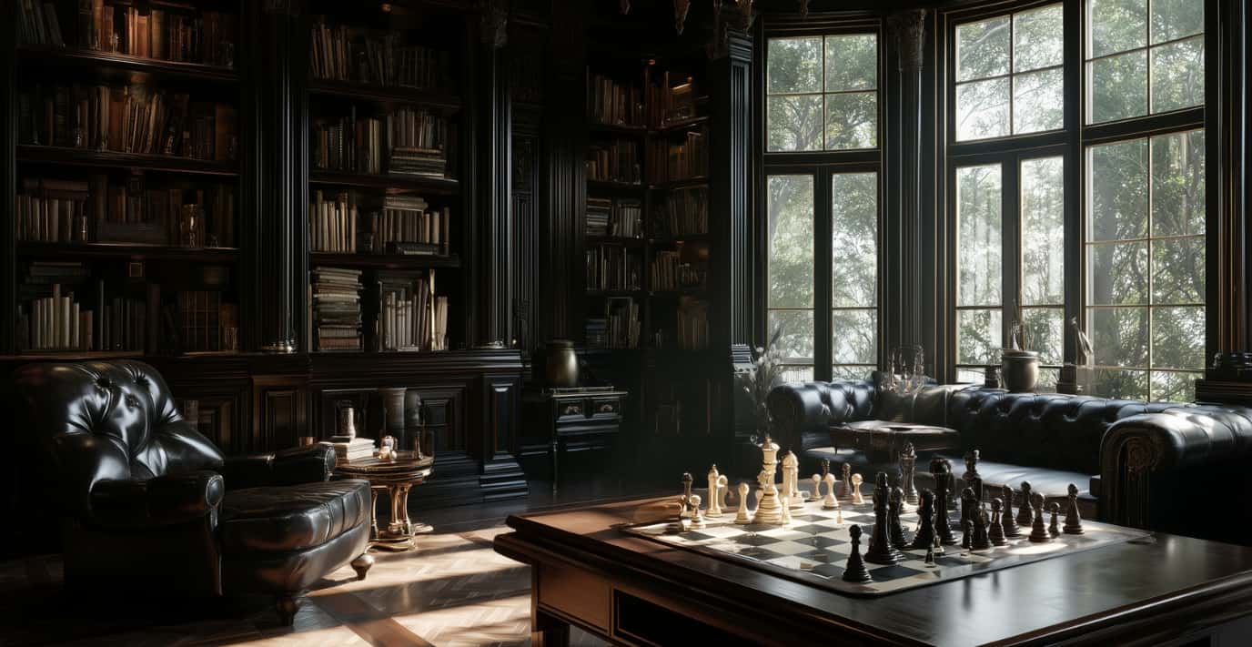 Ambiance chaleureuse inspirée du Gambit Dame avec échiquier, lumière ambrée et intérieur londonien dans l’univers Échecs & Flammes de G-HOME.