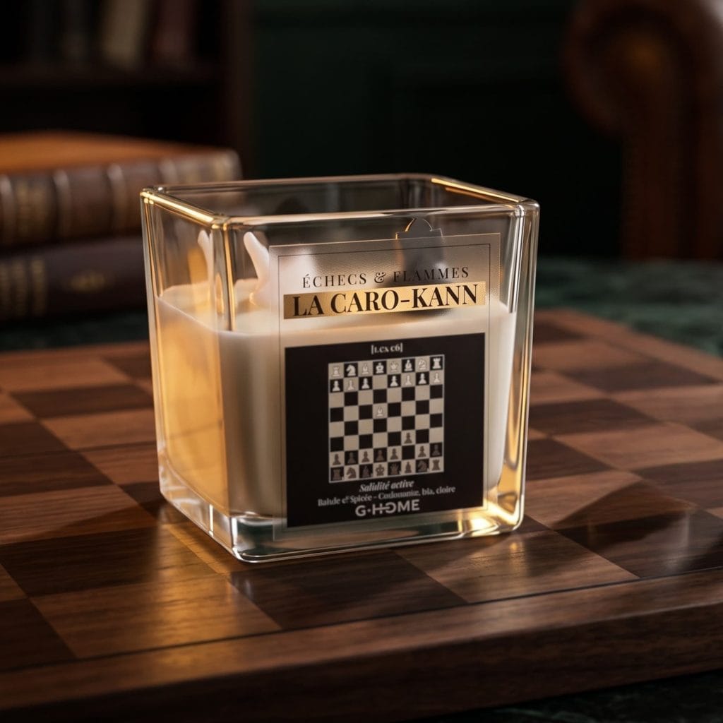 La Caro-Kann dans une ambiance élégante inspirée des ouvertures d’échecs avec échiquier en bois dans l’univers G-HOME.