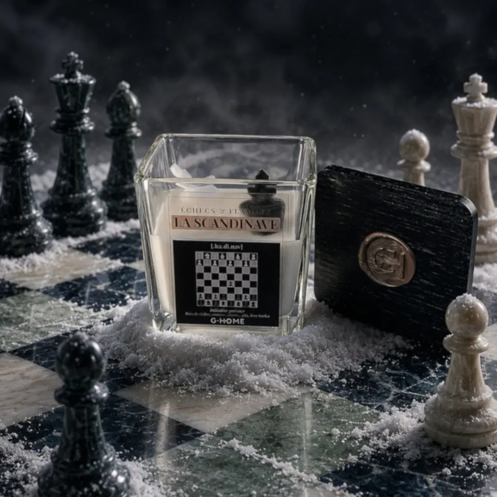 Le Scandinave en version Essentielle avec contenant en verre et couvercle noir sur un échiquier en marbre dans l’univers G-HOME.