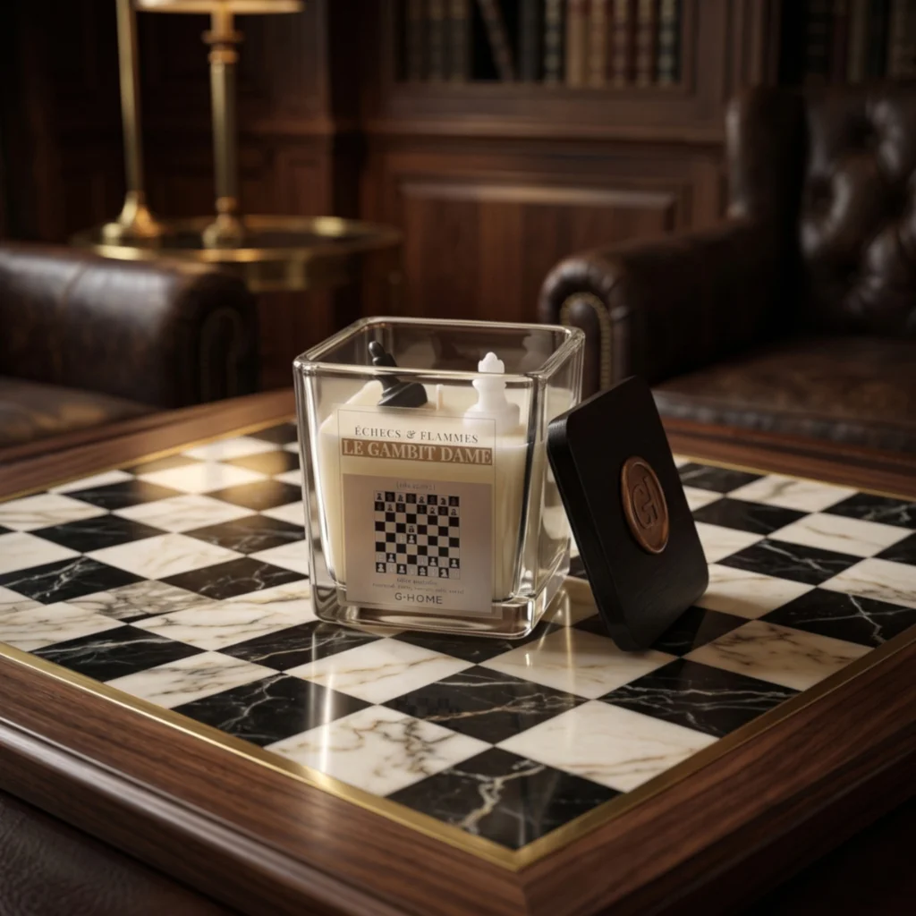 Le Gambit dame en version Essentielle avec contenant en verre et couvercle noir sur un échiquier en marbre dans l’univers G-HOME.