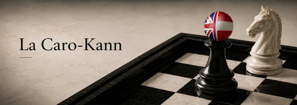Bandeau illustrant l'ouverture Caro-Kann aux échecs avec un pion noir en marbre surmonté du drapeau (Angleterre / Autriche) face à un cavalier blanc, inspirant la création La Caro-Kann de la collection Échecs & Flammes de G-HOME.