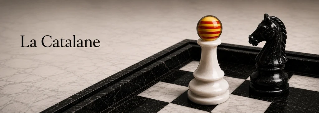 Bandeau illustrant l'ouverture Catalane aux échecs avec un pion blanc en marbre surmonté du drapeau catalan face à un cavalier noir, inspirant la création La Catalane de la collection Échecs & Flammes de G-HOME.