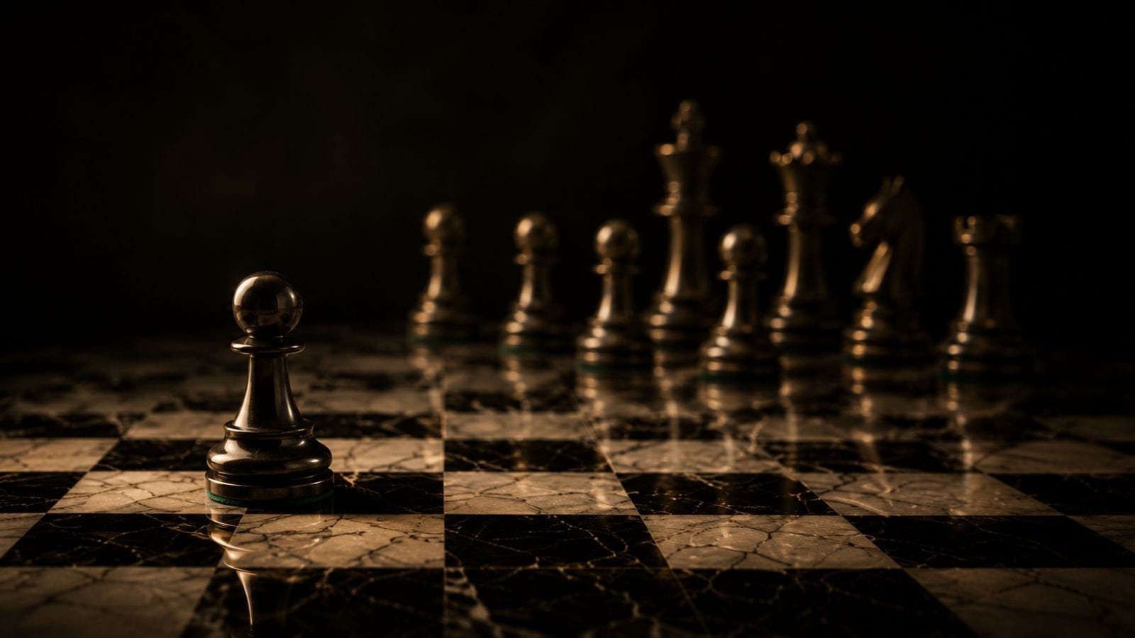 Pion noir sur un échiquier en marbre dans une ambiance cinématographique inspirée de l'ouverture Française de la collection Échecs & Flammes de G-HOME.