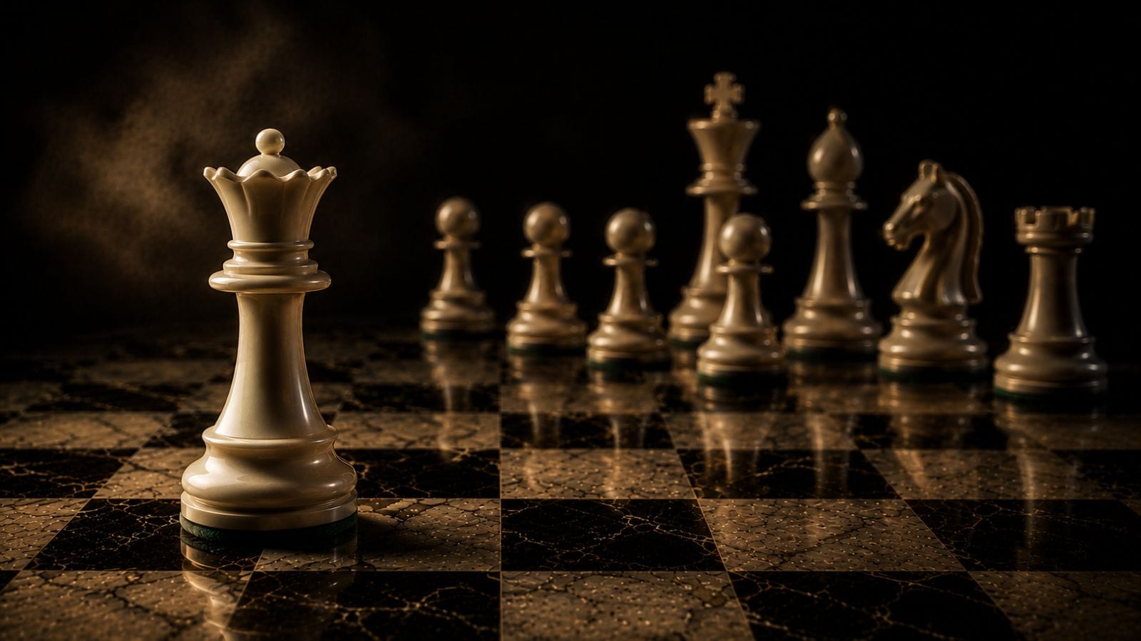 Dame blanche sur un échiquier en marbre dans une ambiance cinématographique inspirée du Gambit Dame de la collection Échecs & Flammes de G-HOME.
