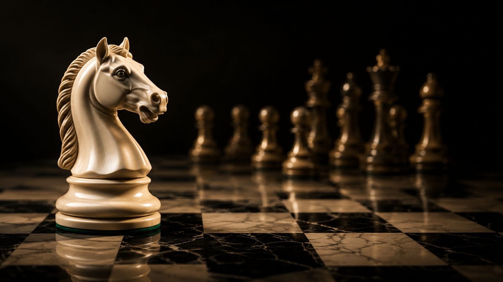Cavalier blanc sur un échiquier en marbre noir dans une ambiance cinématographique inspirée de l'ouverture Italienne de la collection Échecs & Flammes de G-HOME.