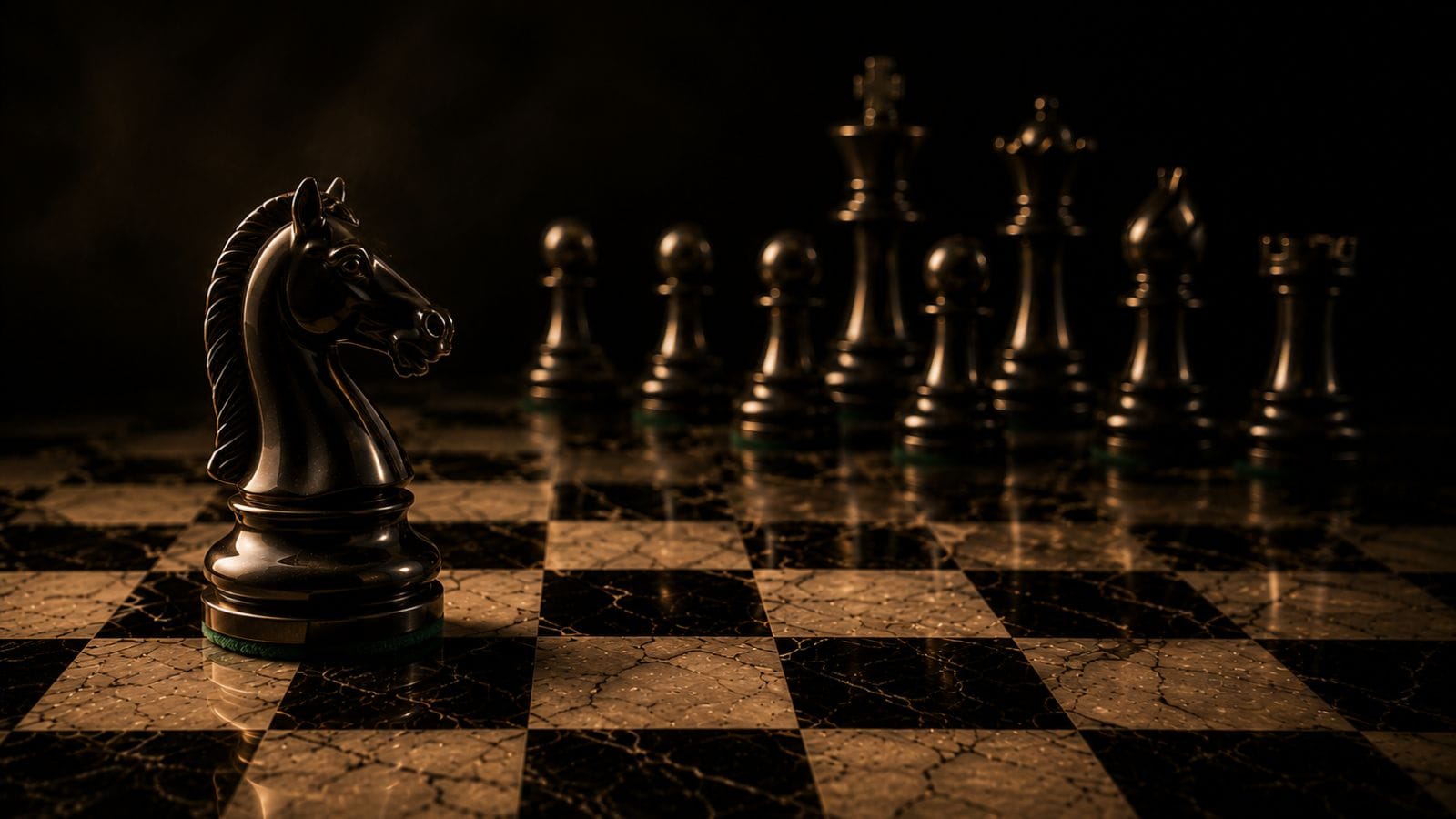 Cavalier noir sur un échiquier en marbre dans une ambiance cinématographique inspirée de l'ouverture Sicilienne de la collection Échecs & Flammes de G-HOME.