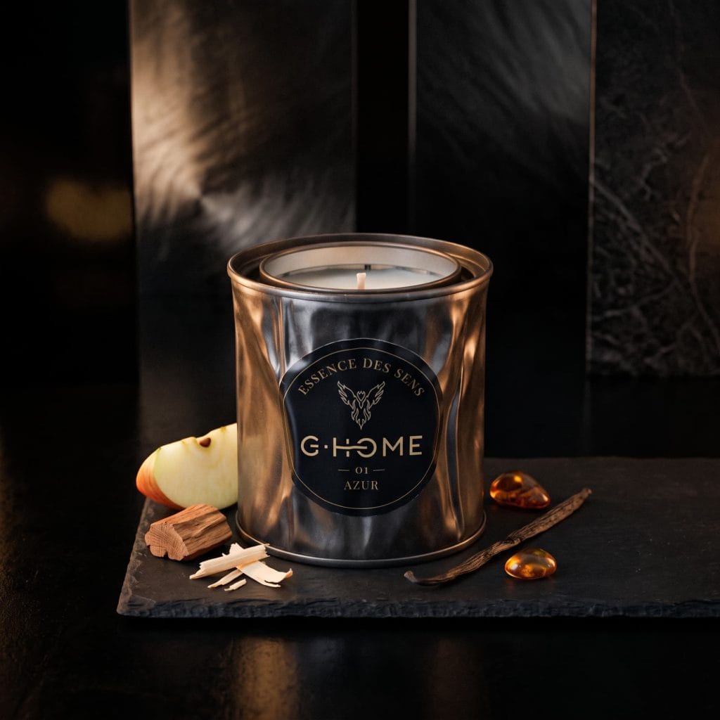 Bougie artisanale Azur entourée de bois, vanille, ambre, illustrant les notes aromatiques de la collection Essence des Sens de G-HOME.