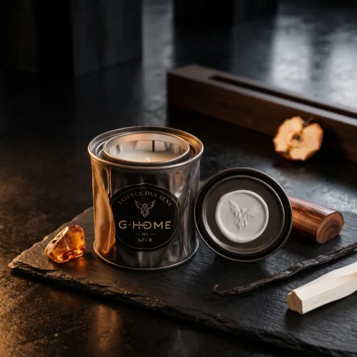 Bougie artisanale Azur de la collection Essence des Sens dans son contenant en métal vintage, accompagnée de vanille, cannelle, ambre.