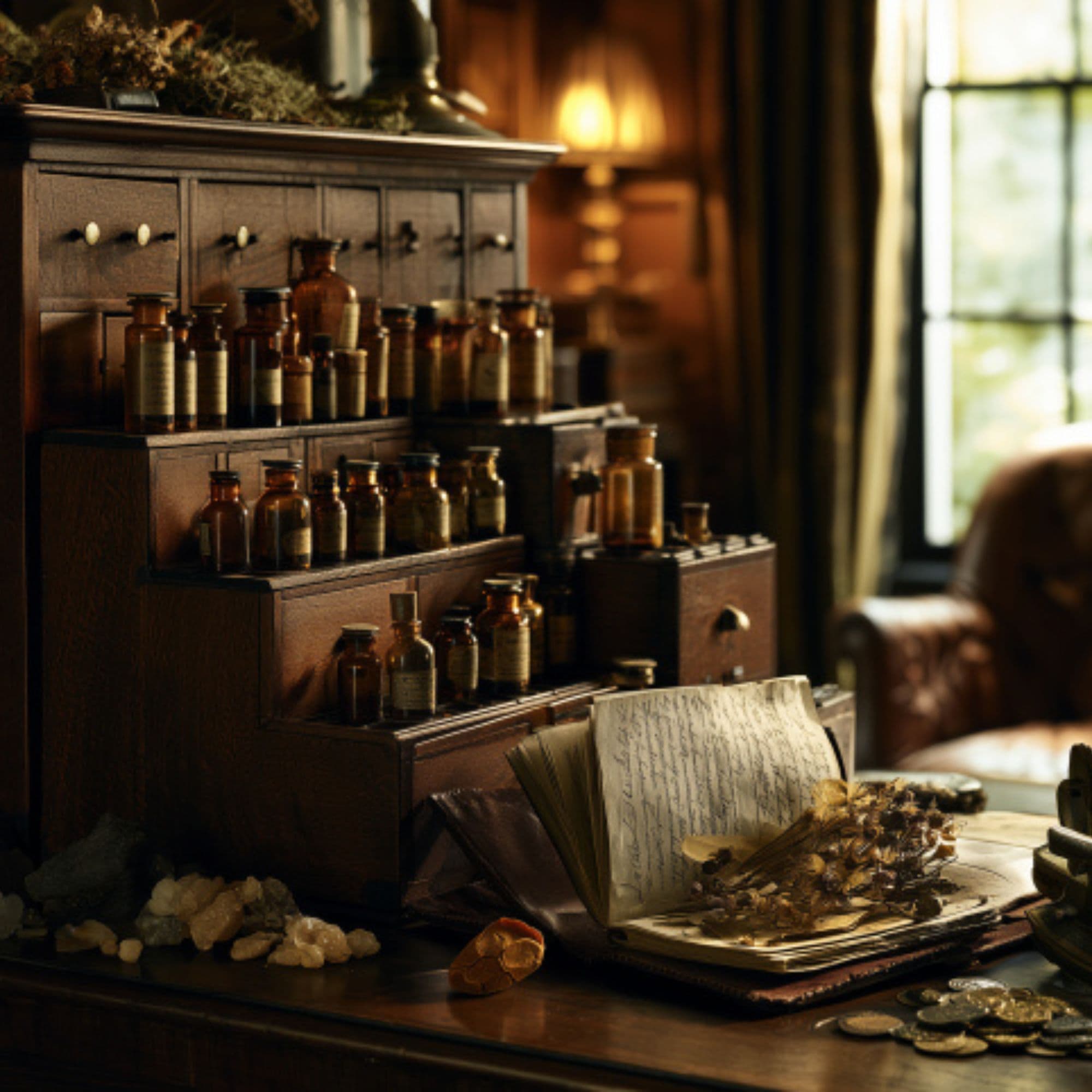 Univers de la collection Essence des Sens de G-HOME avec flacons de parfumerie, carnet de voyage et matières premières évoquant les fragrances inspirées des voyages de Brady G. Liten.
